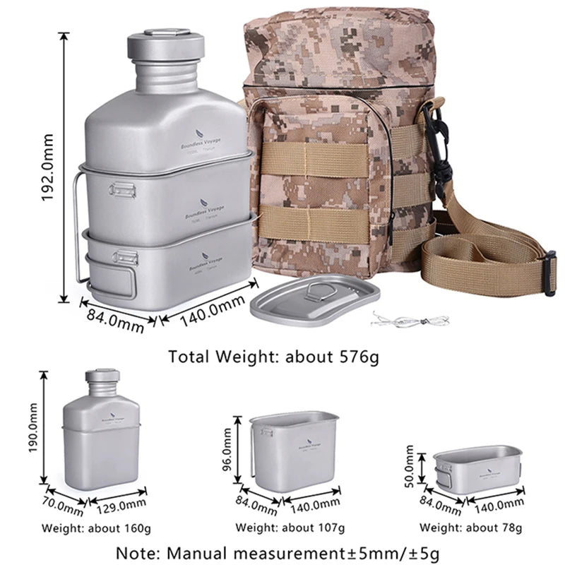 Cooking Set, Titanium Military Canteen, Cookware Bowl Kettle With Camouflage Storage Bag