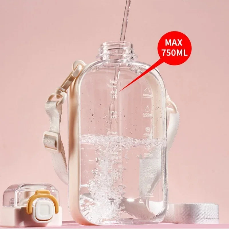 1Pcs Flat Square Transparent Water Bottle  Travel Canteen With Adjustable Strap Camping