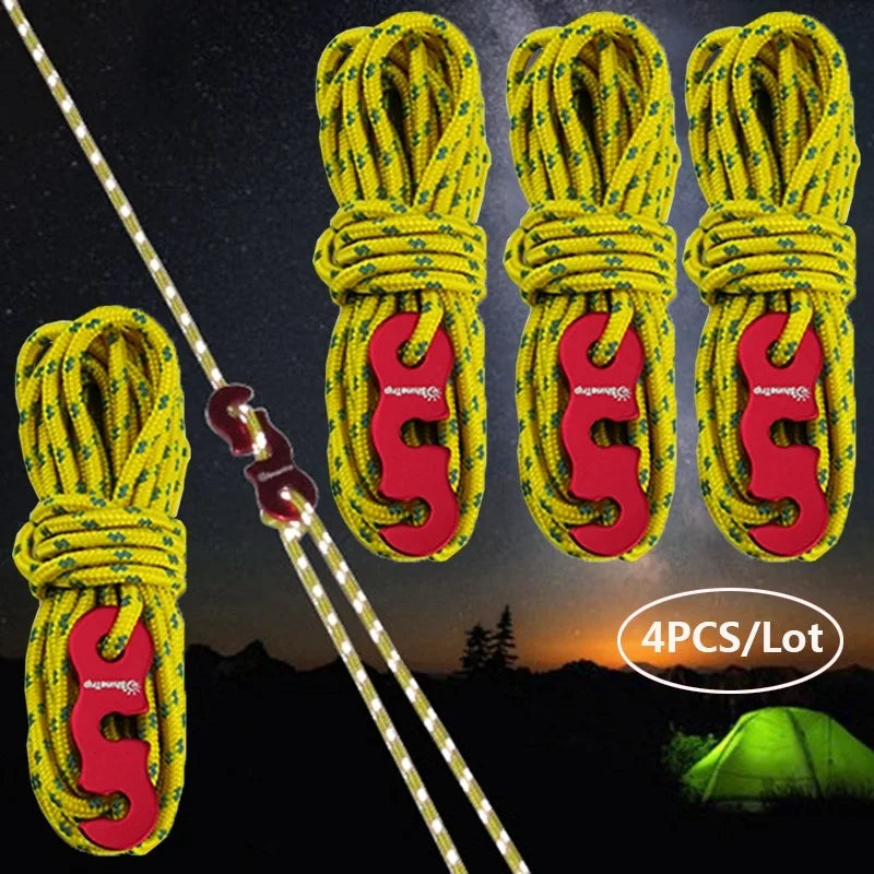 4 Outdoor Tent Ropes, Reflective Ropes Canopy Reinforced Windproof with Buckles