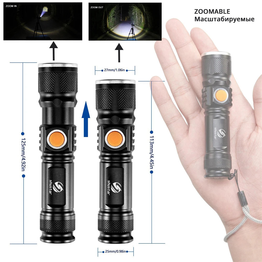 Powerful LED Flashlight With Tail USB Charging Head Zoomable / waterproof