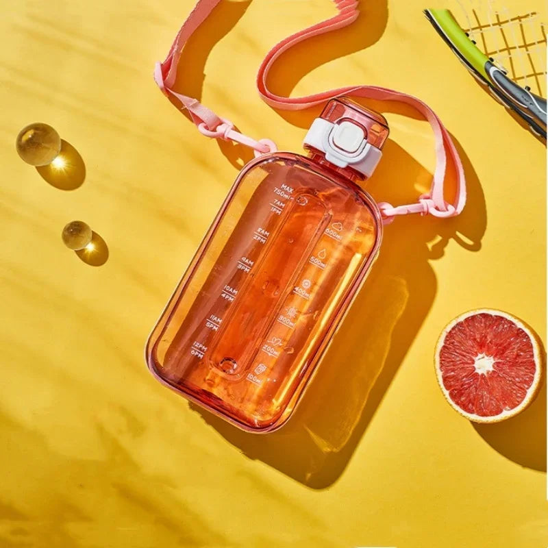 1Pcs Flat Square Transparent Water Bottle  Travel Canteen With Adjustable Strap Camping