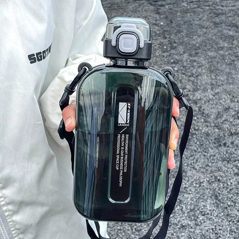 1Pcs Flat Square Transparent Water Bottle  Travel Canteen With Adjustable Strap Camping