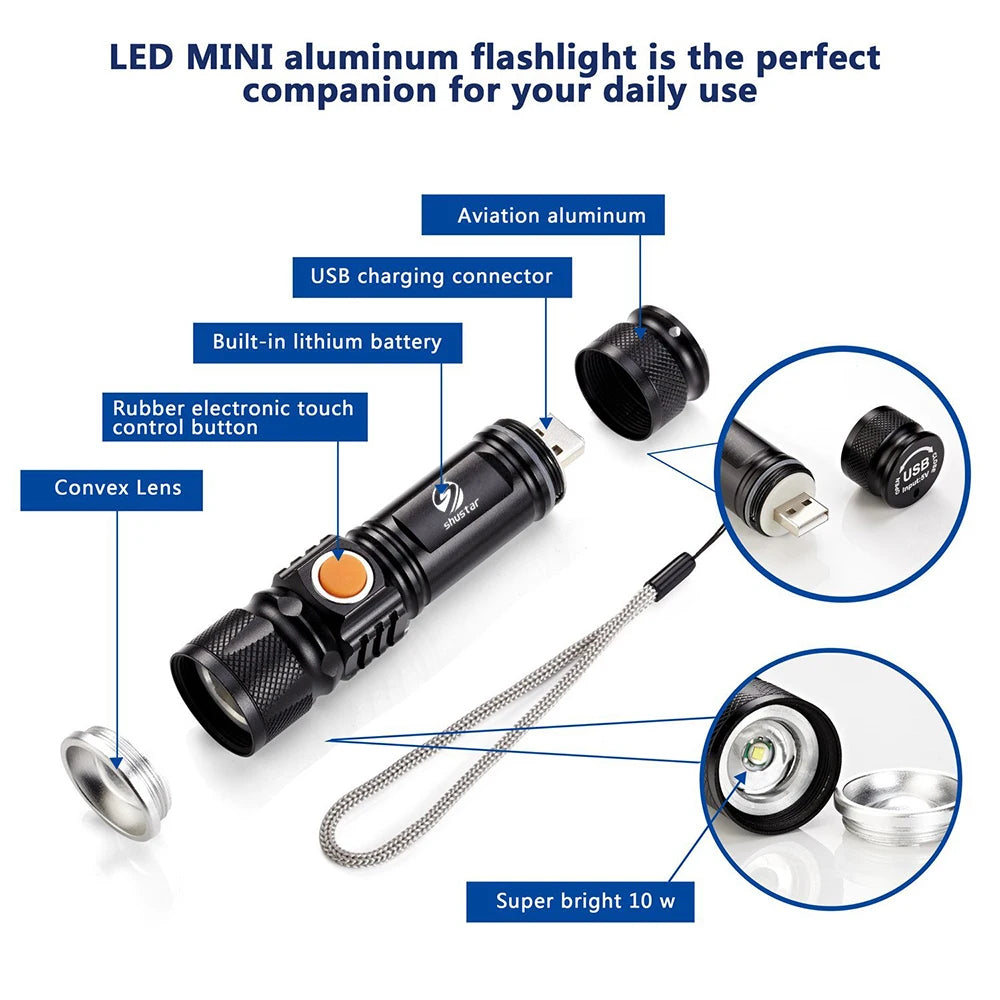 Powerful LED Flashlight With Tail USB Charging Head Zoomable / waterproof