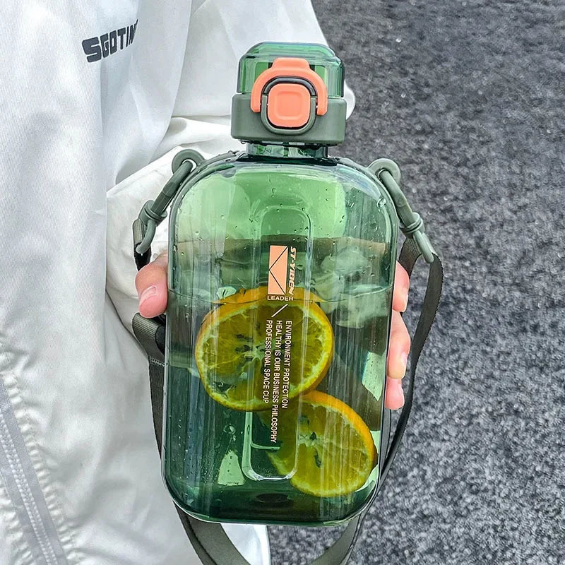 1Pcs Flat Square Transparent Water Bottle  Travel Canteen With Adjustable Strap Camping