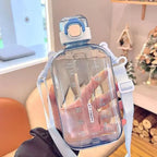 1Pcs Flat Square Transparent Water Bottle  Travel Canteen With Adjustable Strap Camping