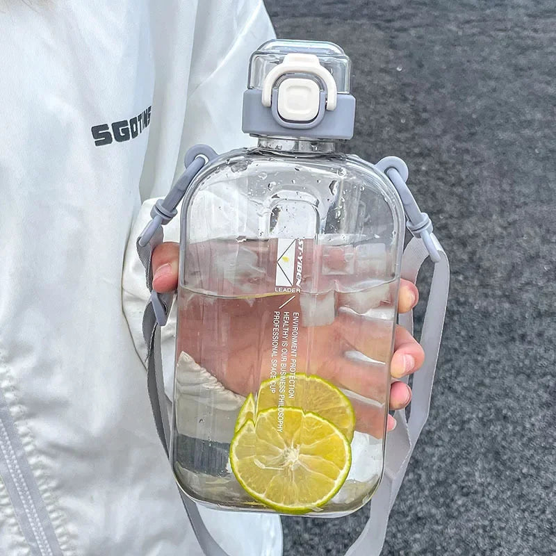 1Pcs Flat Square Transparent Water Bottle  Travel Canteen With Adjustable Strap Camping