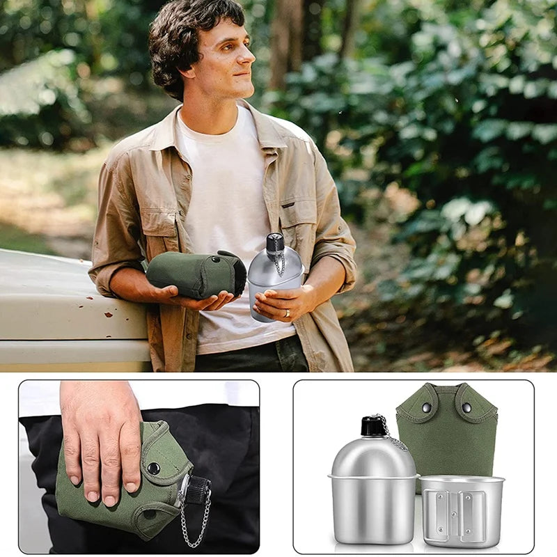 Outdoor Canteen Cookware Set Canteen Cup Portable Water Bottle with Grab Handle Cup