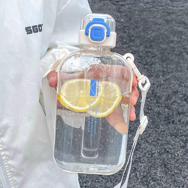 1Pcs Flat Square Transparent Water Bottle  Travel Canteen With Adjustable Strap Camping